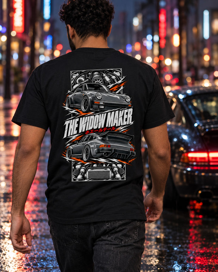 Porsche 930 Turbo Torn Poster Full-Back Graphic Tee T-Shirt Black worn hero