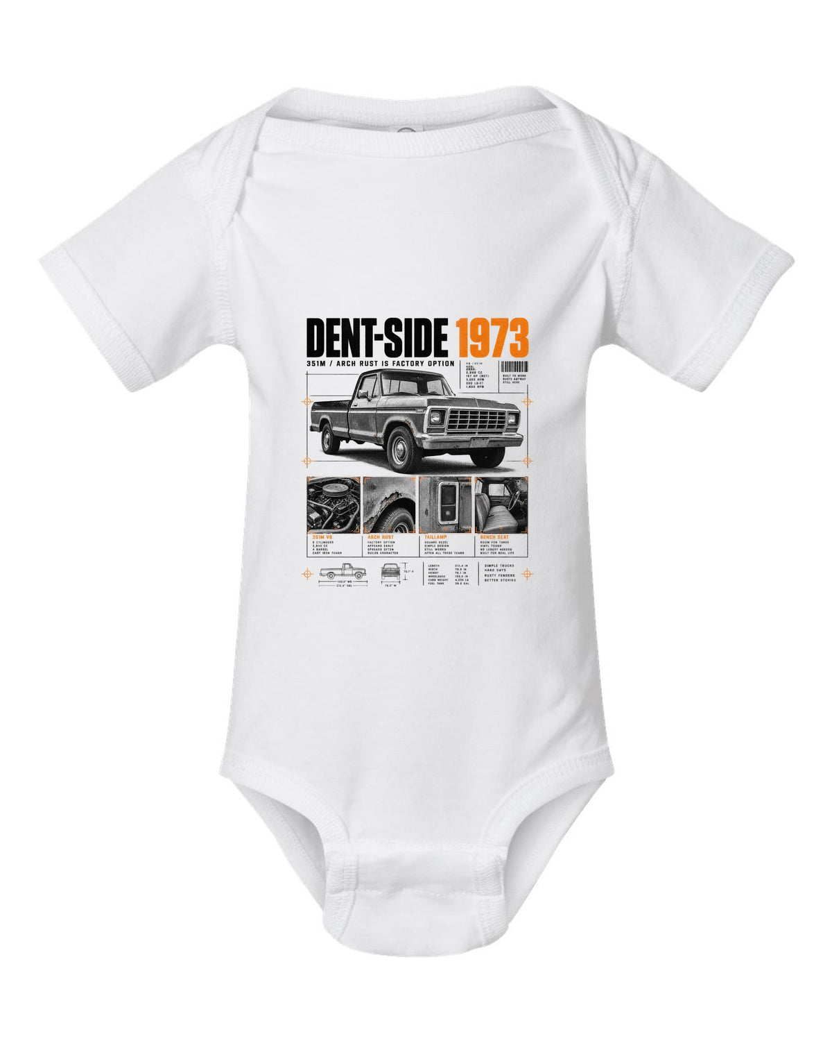 Ford F-150 Dent-Side 1973 351M Rust Dossier Panel white baby onesie front view with the design