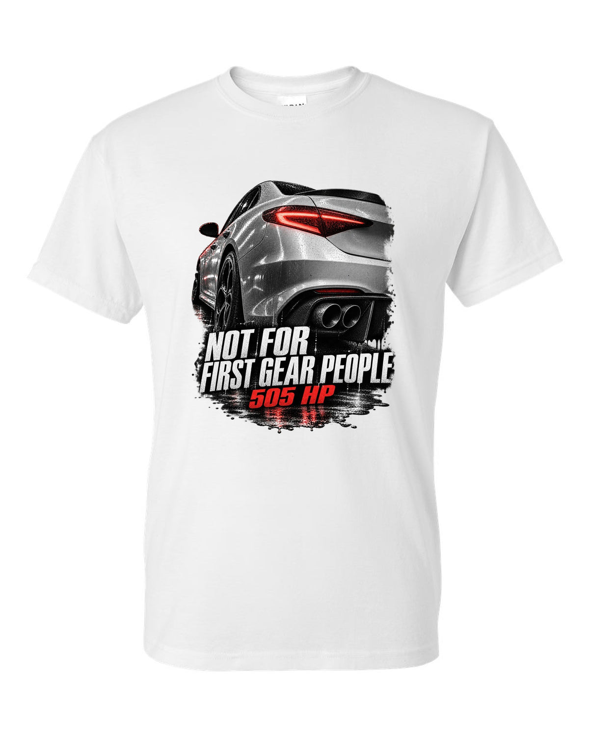 Taillight macro print of an Alfa Romeo Giulia Quadrifoglio with 505 HP text white t-shirt front view with the design