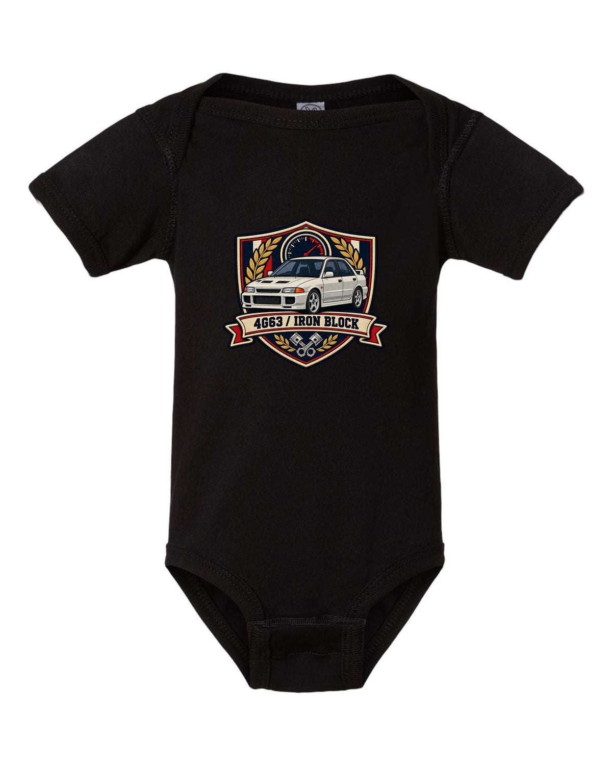 Mitsubishi Lancer Evolution I CD9A embroidered varsity crest print, 4G63 / IRON BLOCK black baby onesie front view with the design