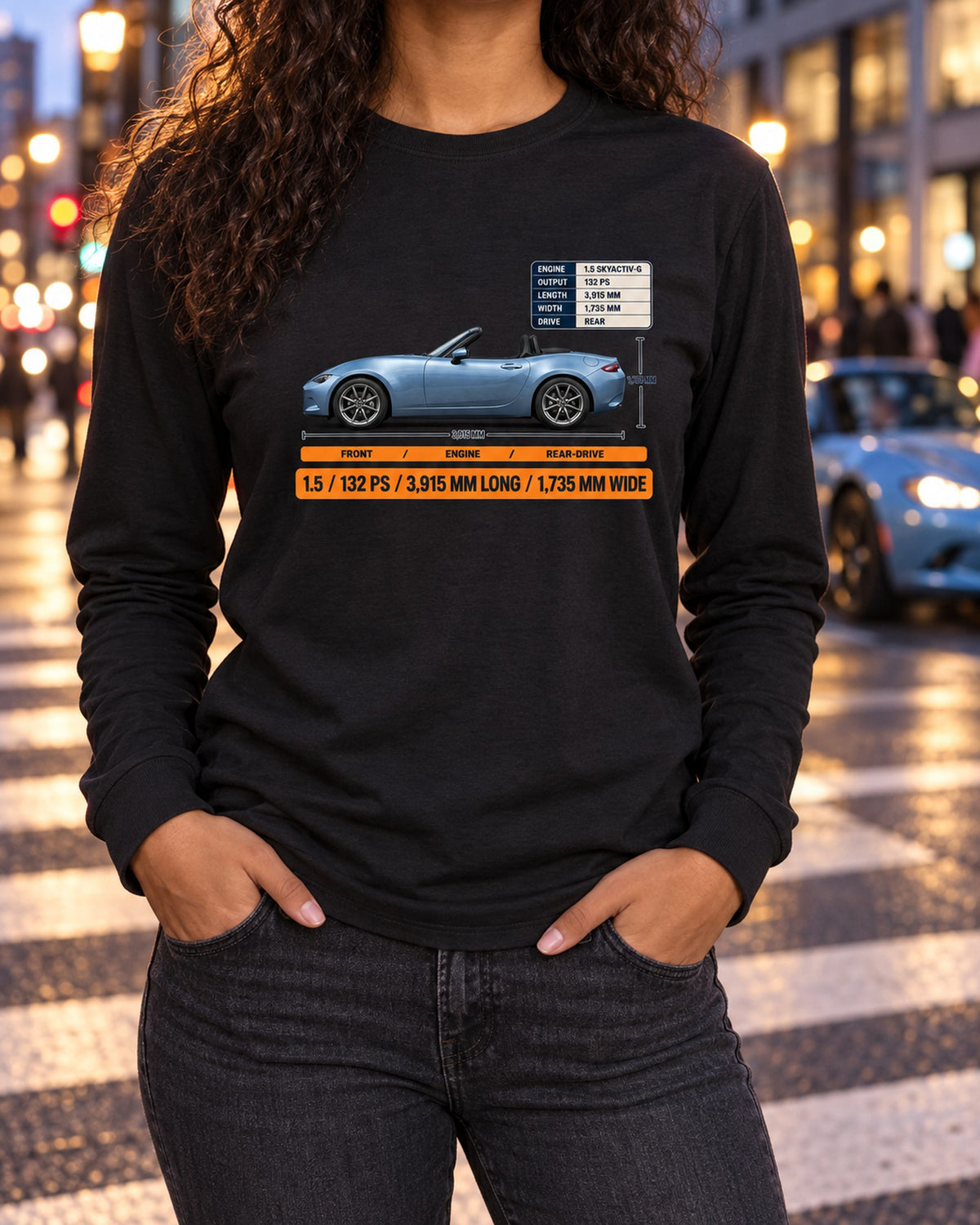 Mazda MX-5 ND 1.5 SKYACTIV-G 132 PS Spec Poster Tee Long Sleeve Black worn hero