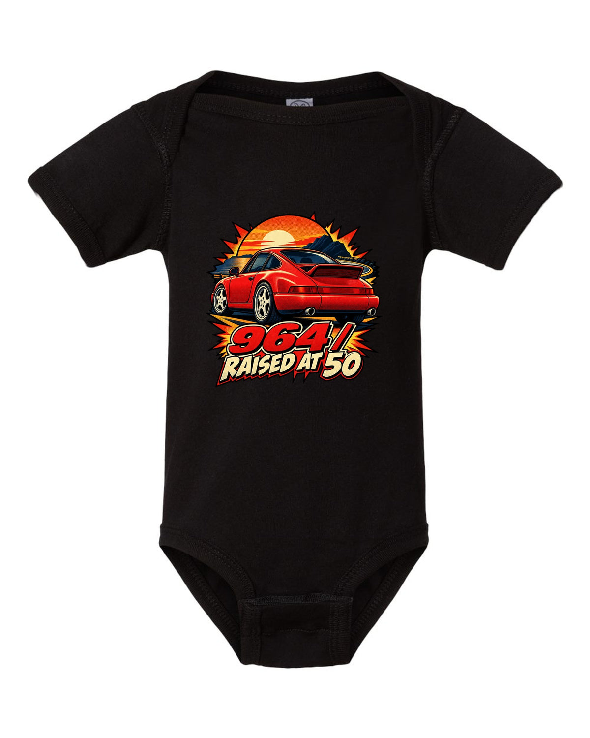 Comic dot-ink illustration of a Porsche 911 Carrera 964 with its spoiler raised black baby onesie front view with the design