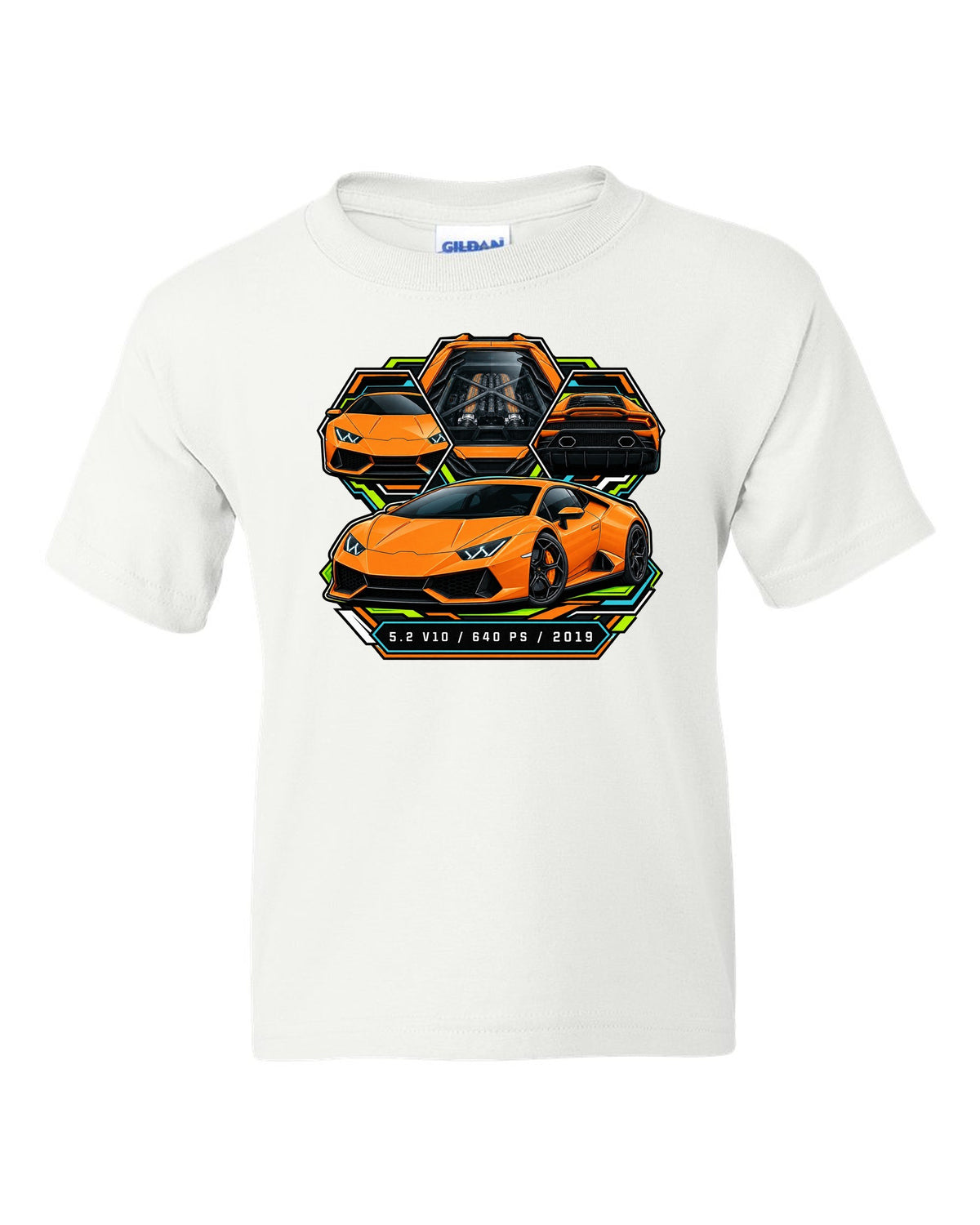 Spec-sheet data plate with a Lamborghini Huracan Evo LP640-4 and text 5.2 V10 / 640 PS / 2019 white kids tee front view with the design