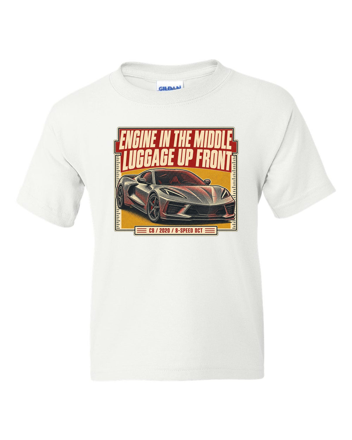 Halftone print of a Chevrolet Corvette C8 Stingray with engine in the middle text white kids tee front view with the design