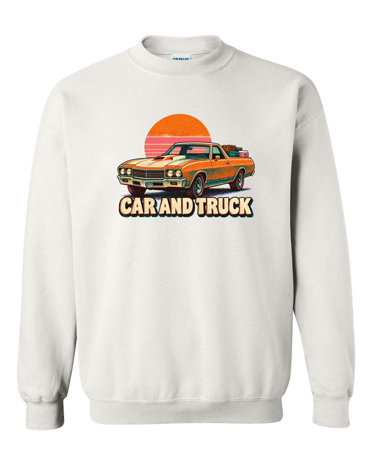 1970 Chevrolet El Camino SS 454 risograph spot-colour print reading Car and Truck white crewneck front view with the design
