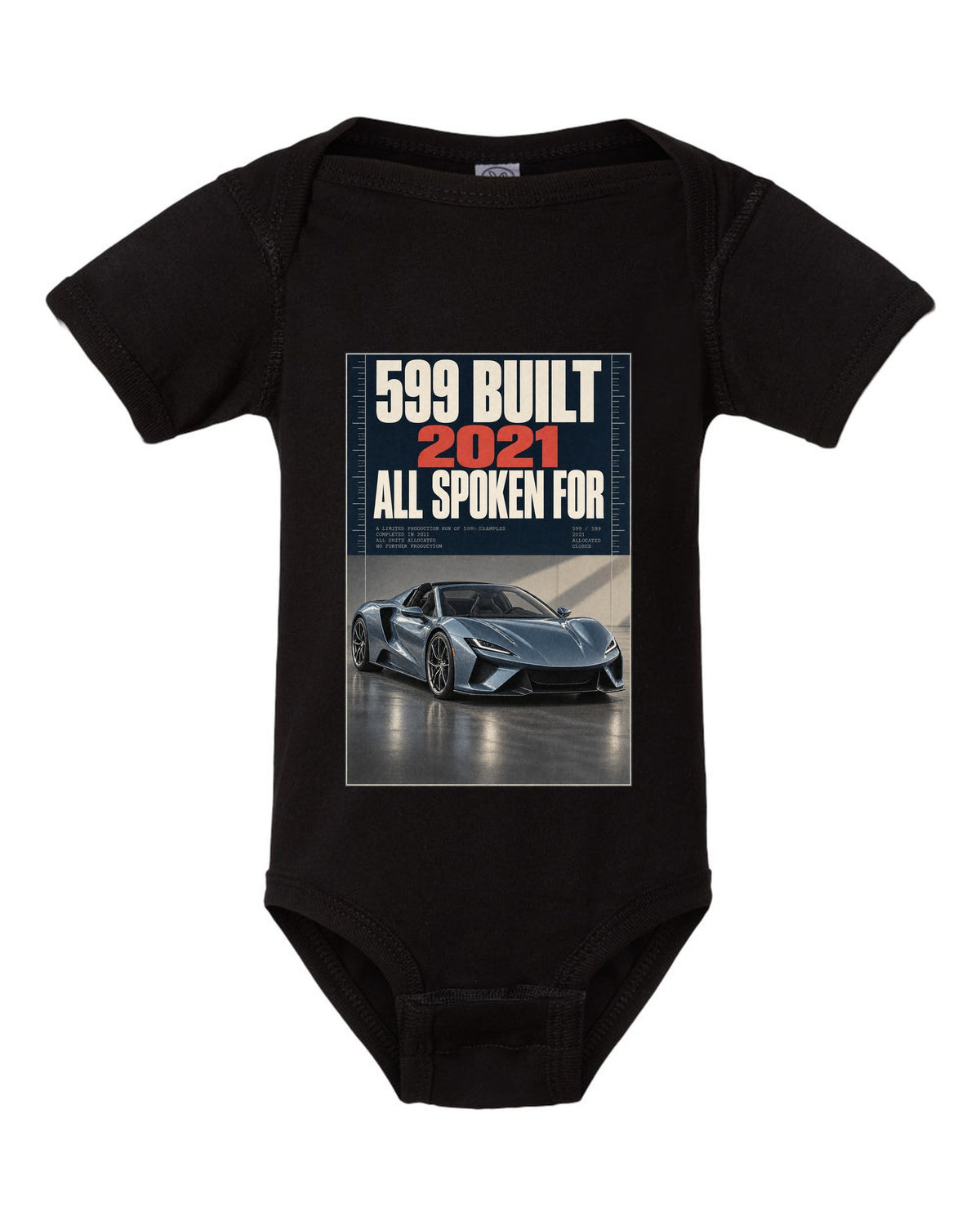 Halftone print of the Ferrari Daytona SP3 on a tee black baby onesie front view with the design