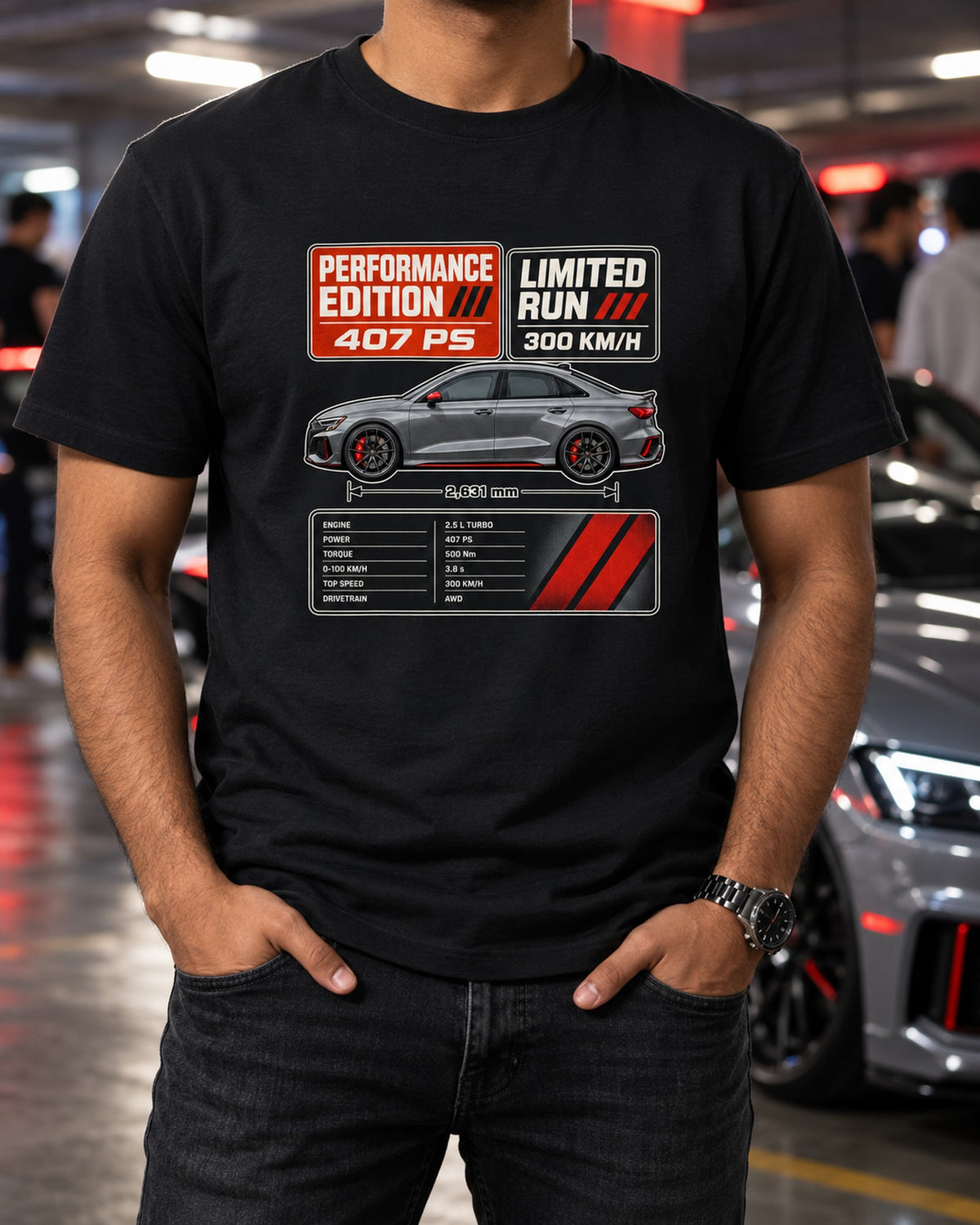 Audi RS3 8Y Performance Edition Spec Poster Tee, 407 PS T-Shirt Black worn hero