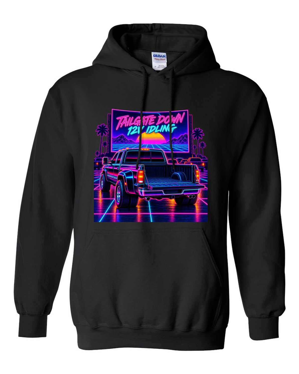 Neon synthwave drive-in print of a 1994-1998 Dodge Ram 2500 12V Cummins with tailgate down black pull over hoodie front view with the design