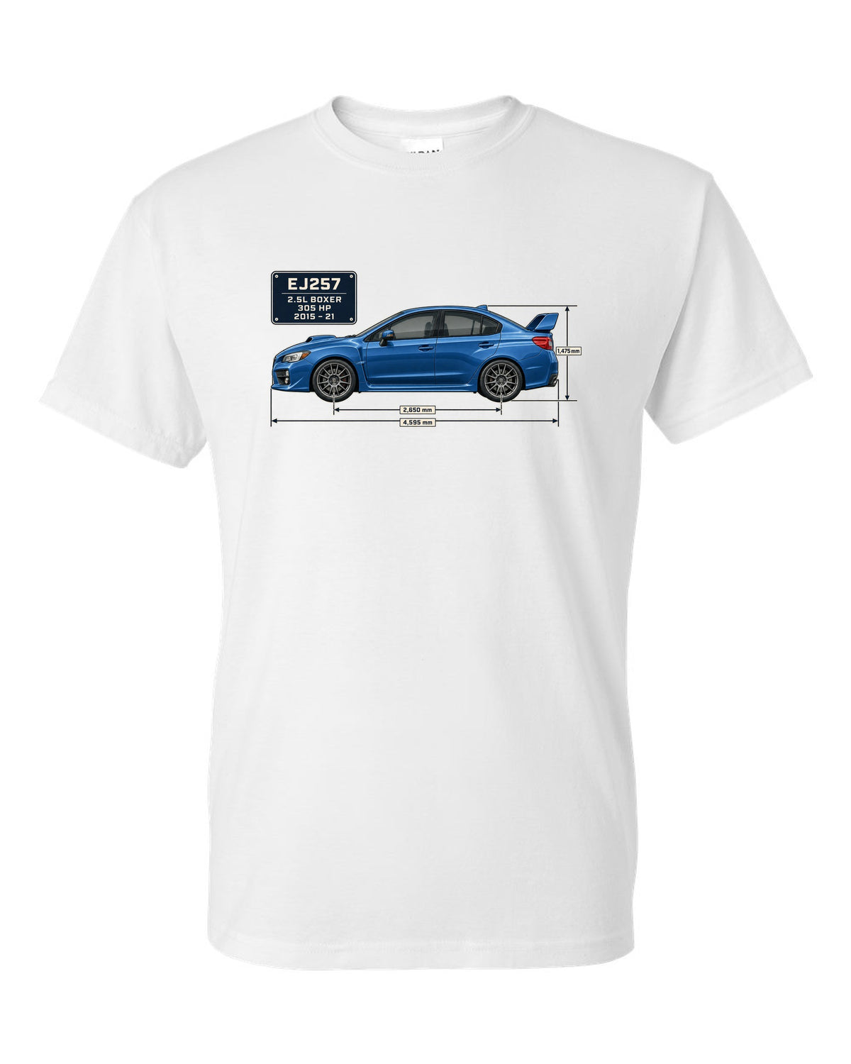 Subaru WRX STI VA sedan blueprint profile in blue-grey white t-shirt front view with the design