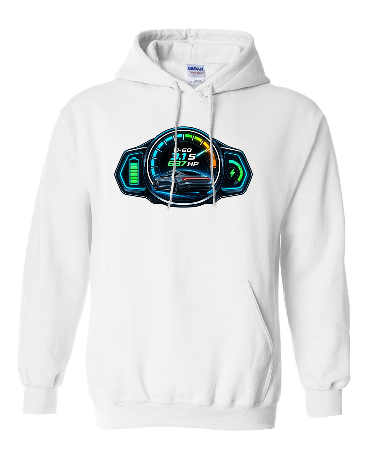 HUD gauge cluster print of an Audi e-tron GT with 0-60 and horsepower figures white pull over hoodie front view with the design