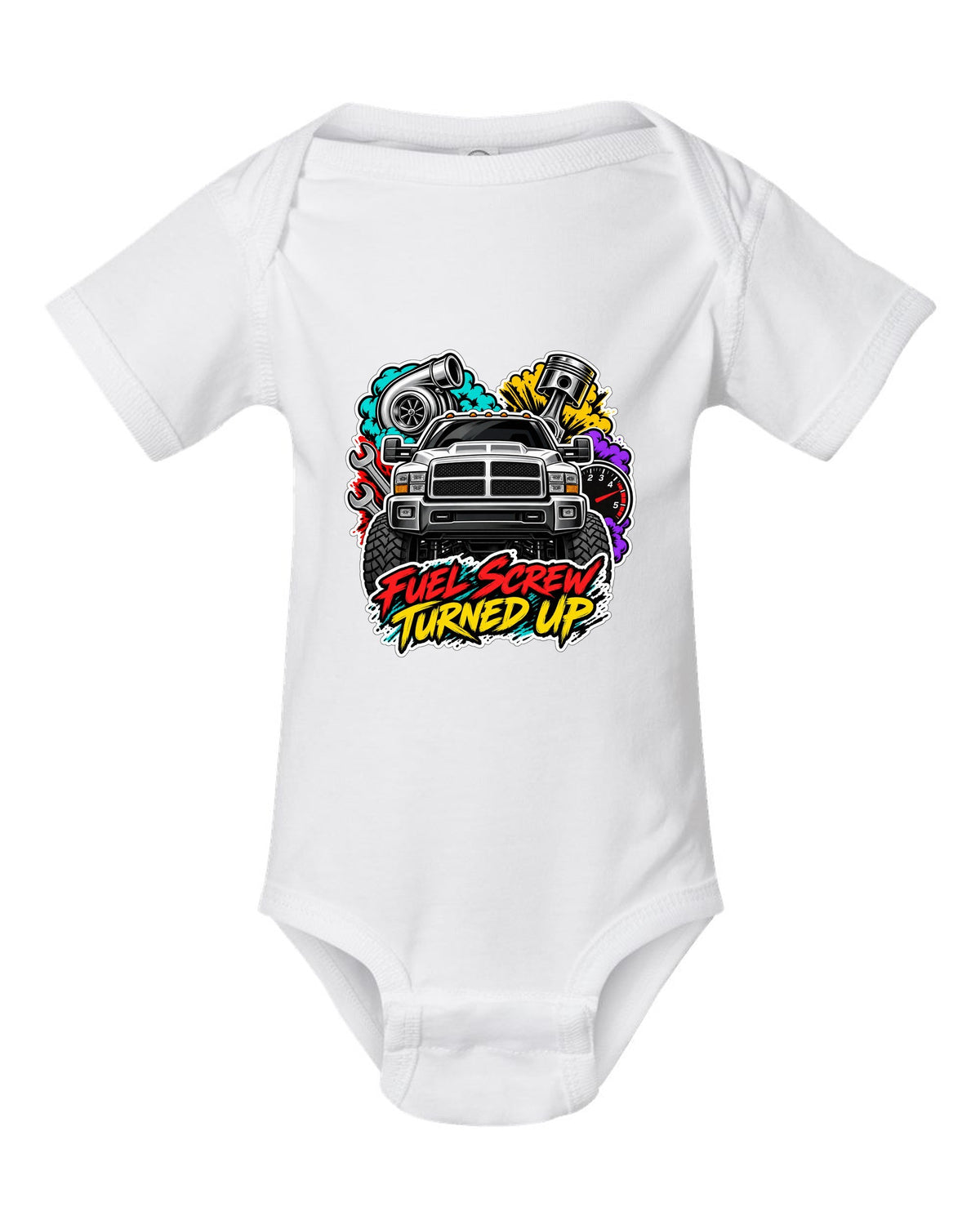 Sticker-bomb collage print of a 1994-1998 Dodge Ram 2500 12V Cummins with fuel screw text white baby onesie front view with the design