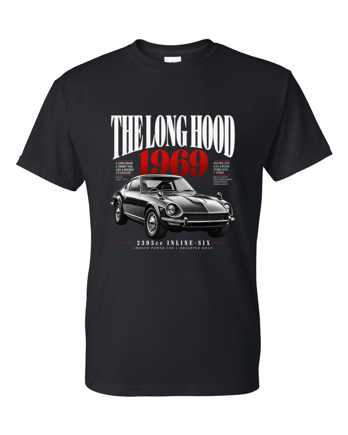 print of a Datsun 240Z HLS30 with editorial headline about the long hood and 2393cc inline-six black t-shirt front view with the design
