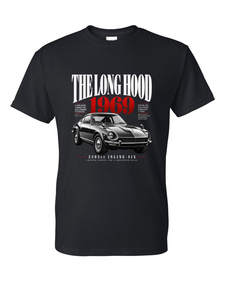 print of a Datsun 240Z HLS30 with editorial headline about the long hood and 2393cc inline-six black t-shirt front view with the design