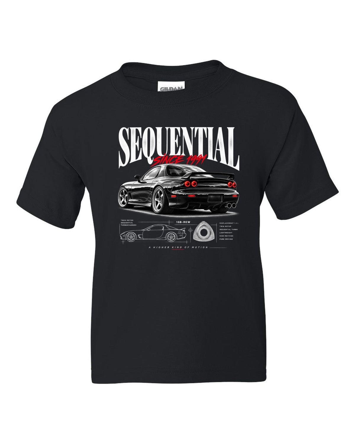 Editorial print of a Mazda RX-7 FD3S rear three-quarter with sequential headline black kids tee front view with the design