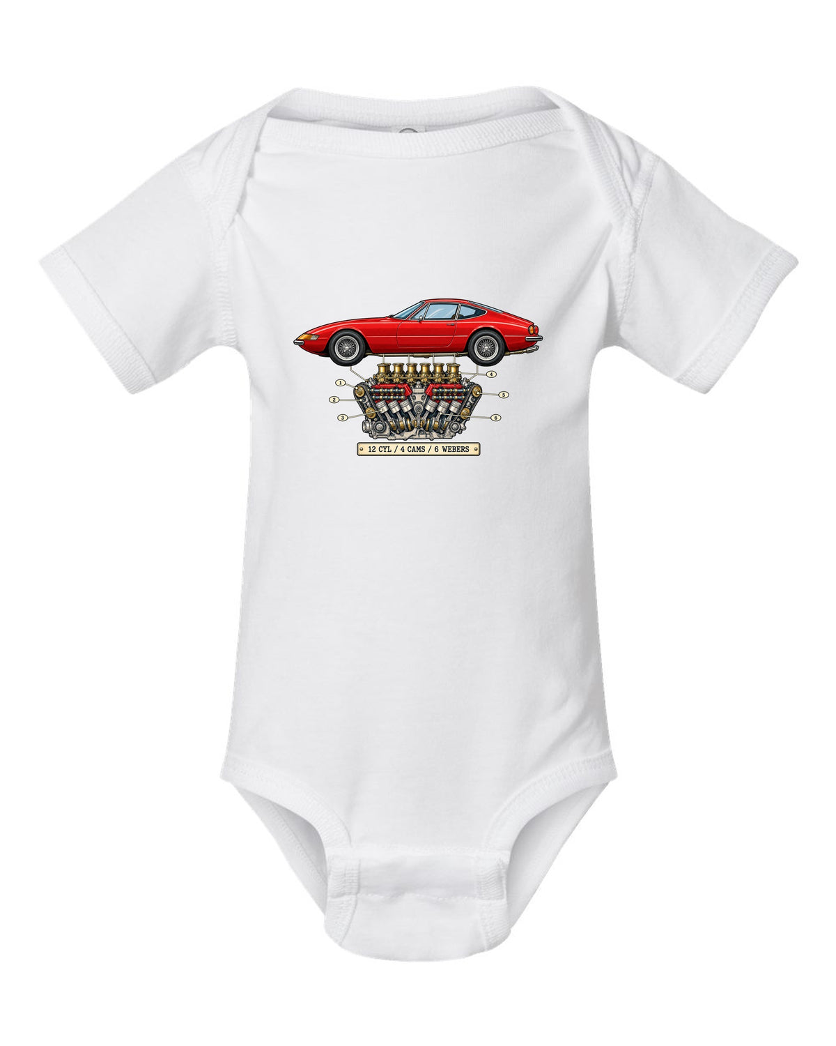 Patent-style drawing of the Ferrari 365 GTB/4 Daytona V12 engine white baby onesie front view with the design