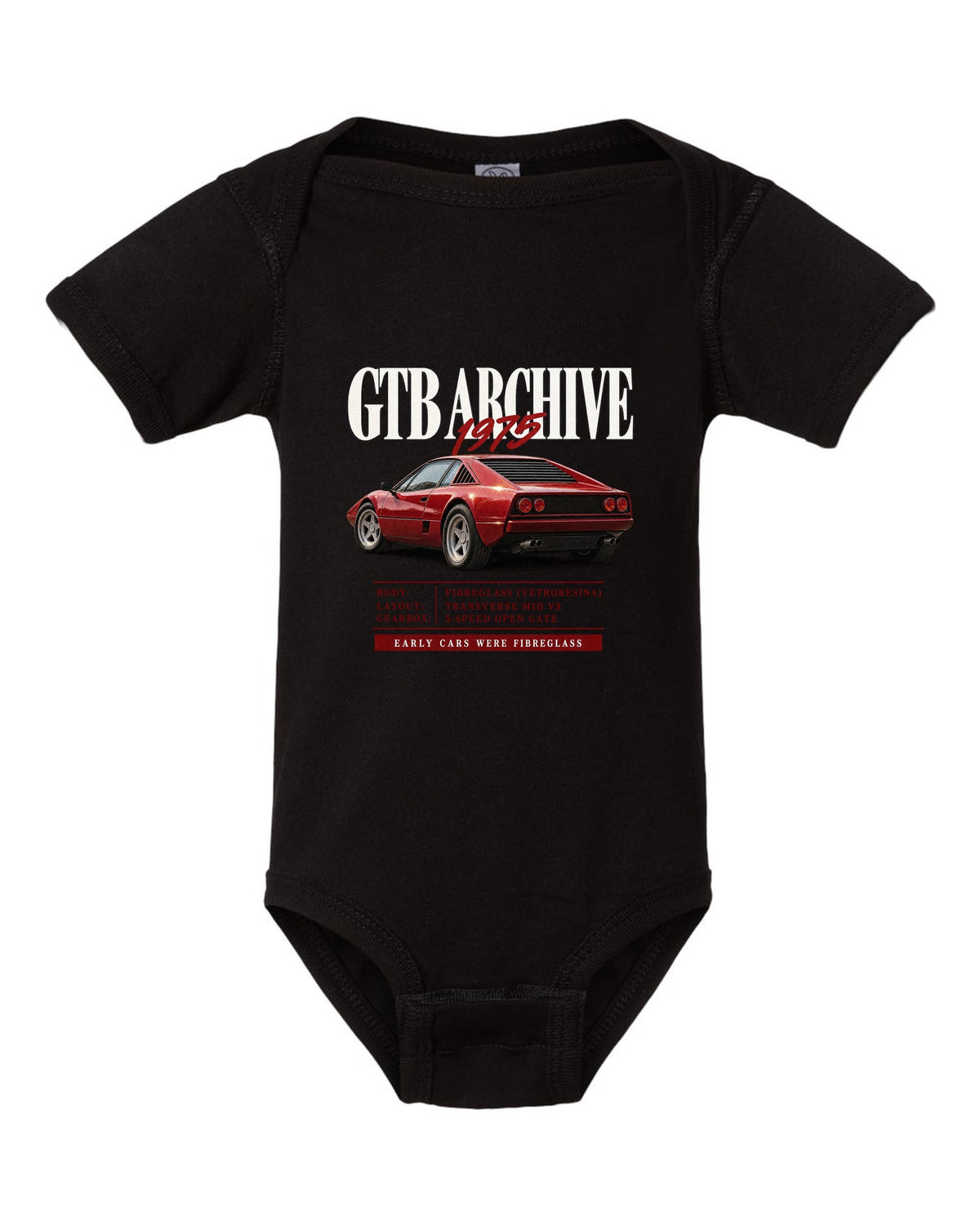 Ferrari 308 GTB 1975 archive panel print, early cars were fibreglass black baby onesie front view with the design