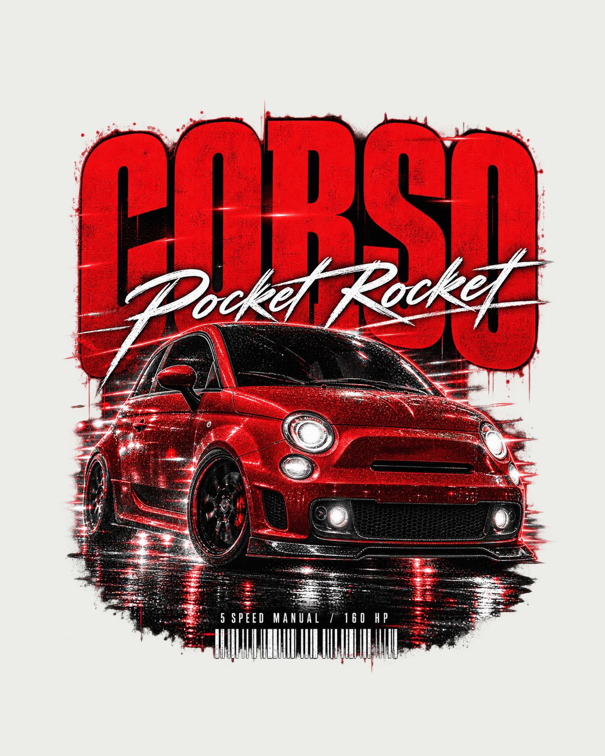 Fiat 500 Abarth Pocket Rocket Street Poster Tee, 5 Speed Manual design only