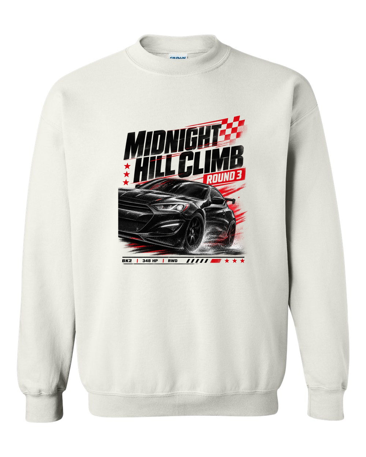 Hyundai Genesis Coupe BK2 midnight hill climb race poster white crewneck front view with the design