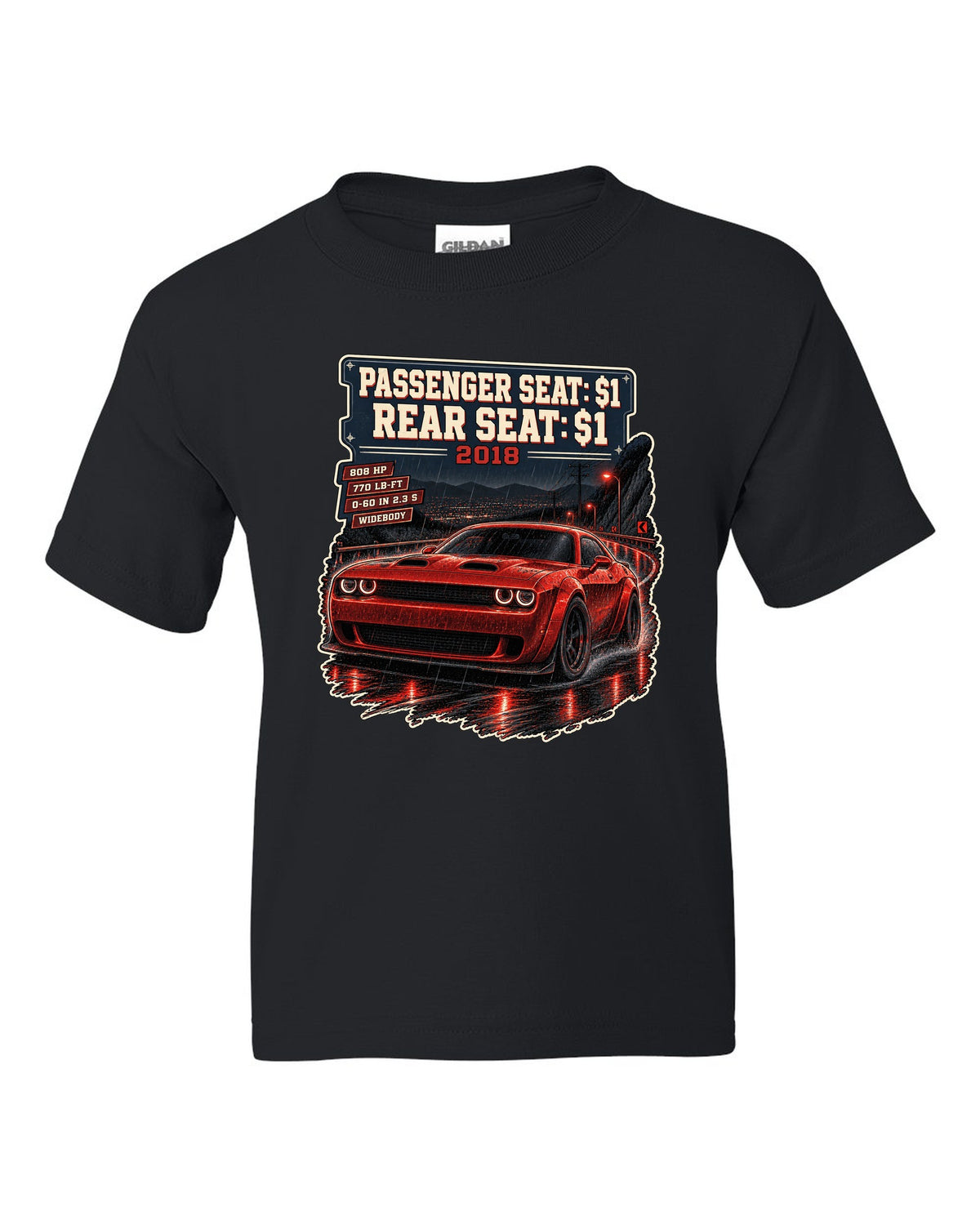2018 Dodge Challenger SRT Demon on a night street print with seat price text black kids tee front view with the design