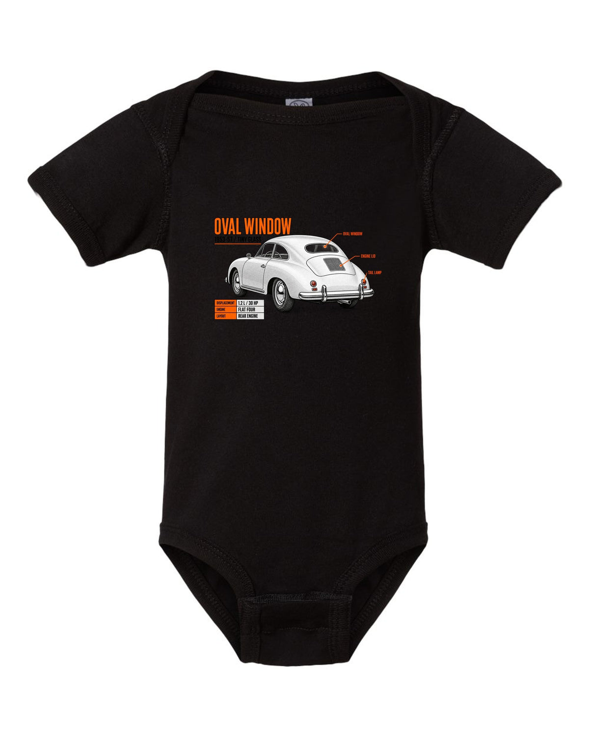 Spec poster print of a VW Beetle oval-window rear three-quarter with 1953-57 text black baby onesie front view with the design