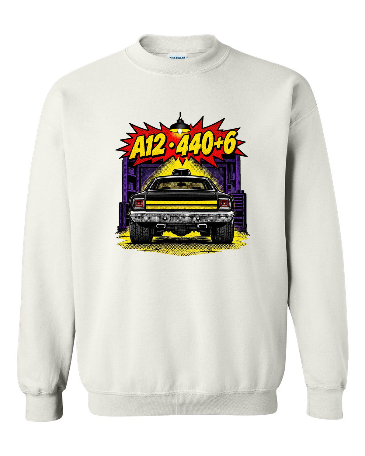 1969 Dodge Coronet Super Bee A12 comic halftone pop-art print with A12 440+6 text white crewneck front view with the design
