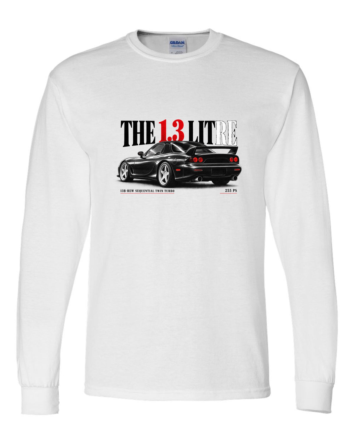 Editorial headline print for the 1992 Mazda RX-7 FD3S with 13B-REW sequential twin turbo and 255 PS white long sleeve front view with the design