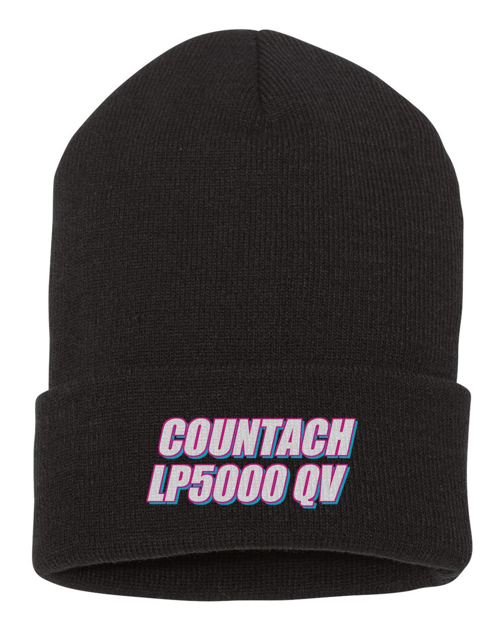 Countach Lp5000 Qv black beanie front view with car name