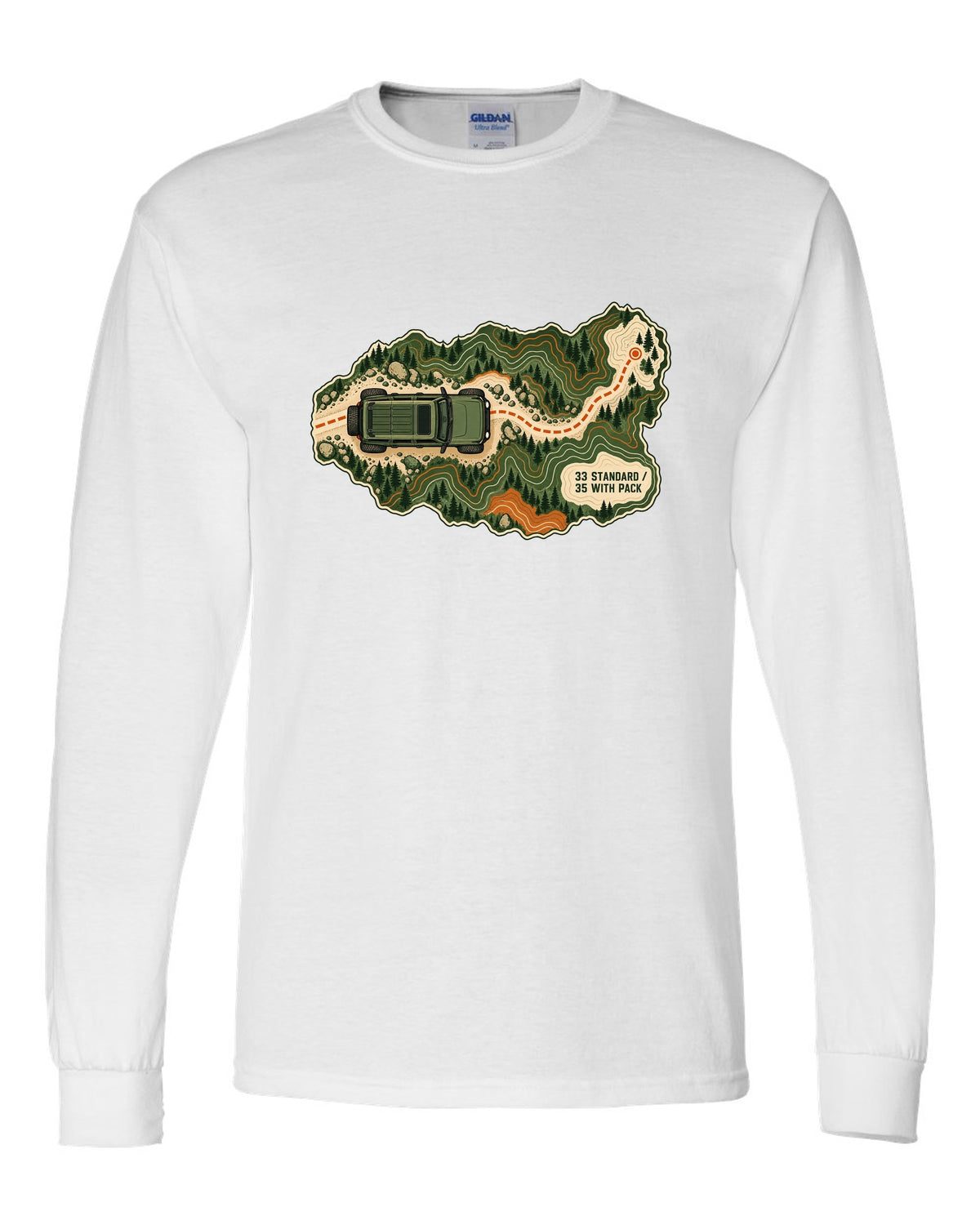 Topographic route map art of a 2021 Ford Bronco 4-door Badlands with 33 STANDARD 35 WITH PACK notes white long sleeve front view with the design