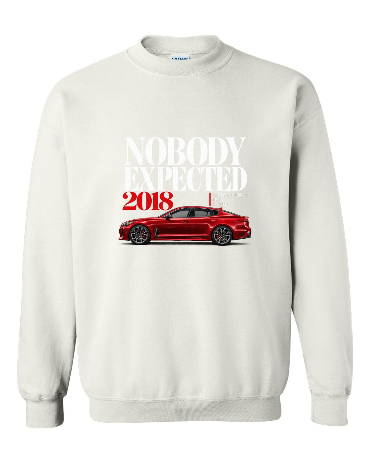 Kia Stinger GT editorial headline print with twin-turbo V6 spec text white crewneck front view with the design