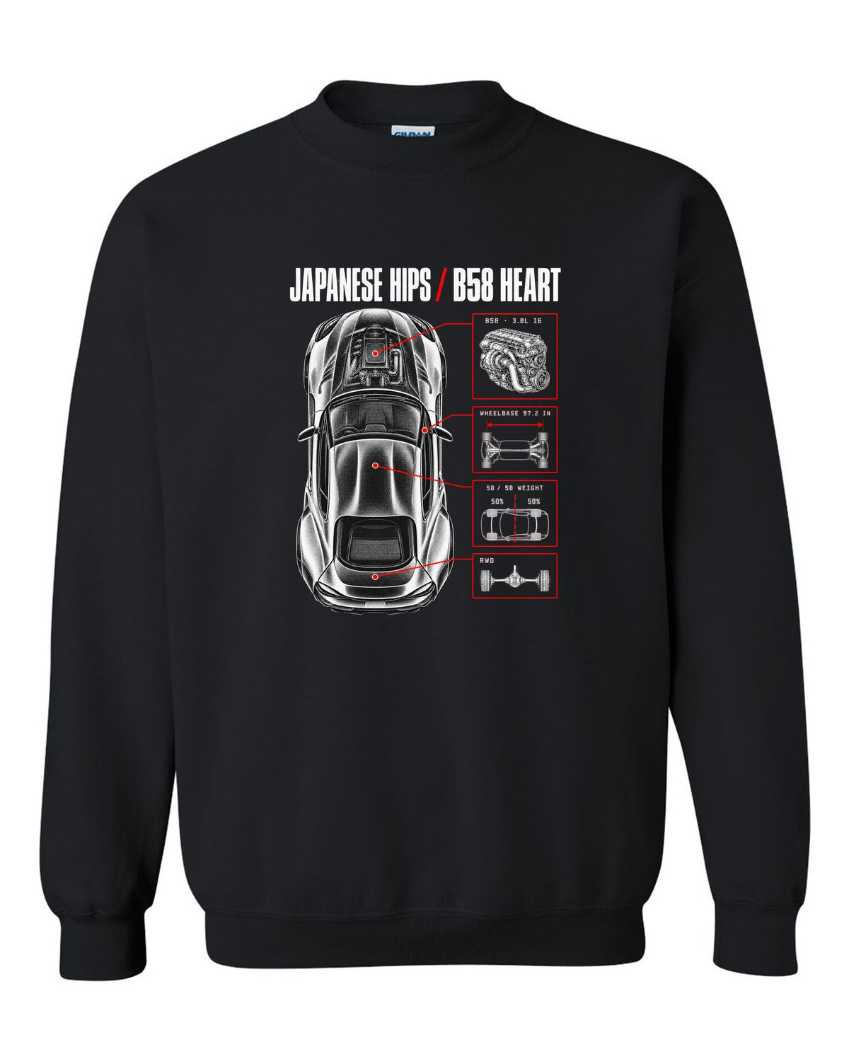 Spec poster print of a Toyota GR Supra A90 with the text Japanese Hips B58 Heart black crewneck front view with the design