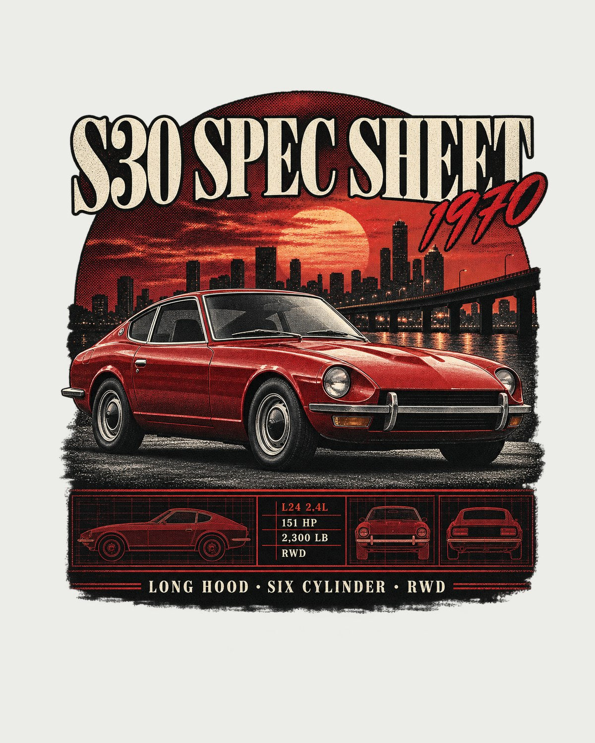 Datsun 240Z S30 Archive Panel Spec Sheet Shirt, 1970 design only