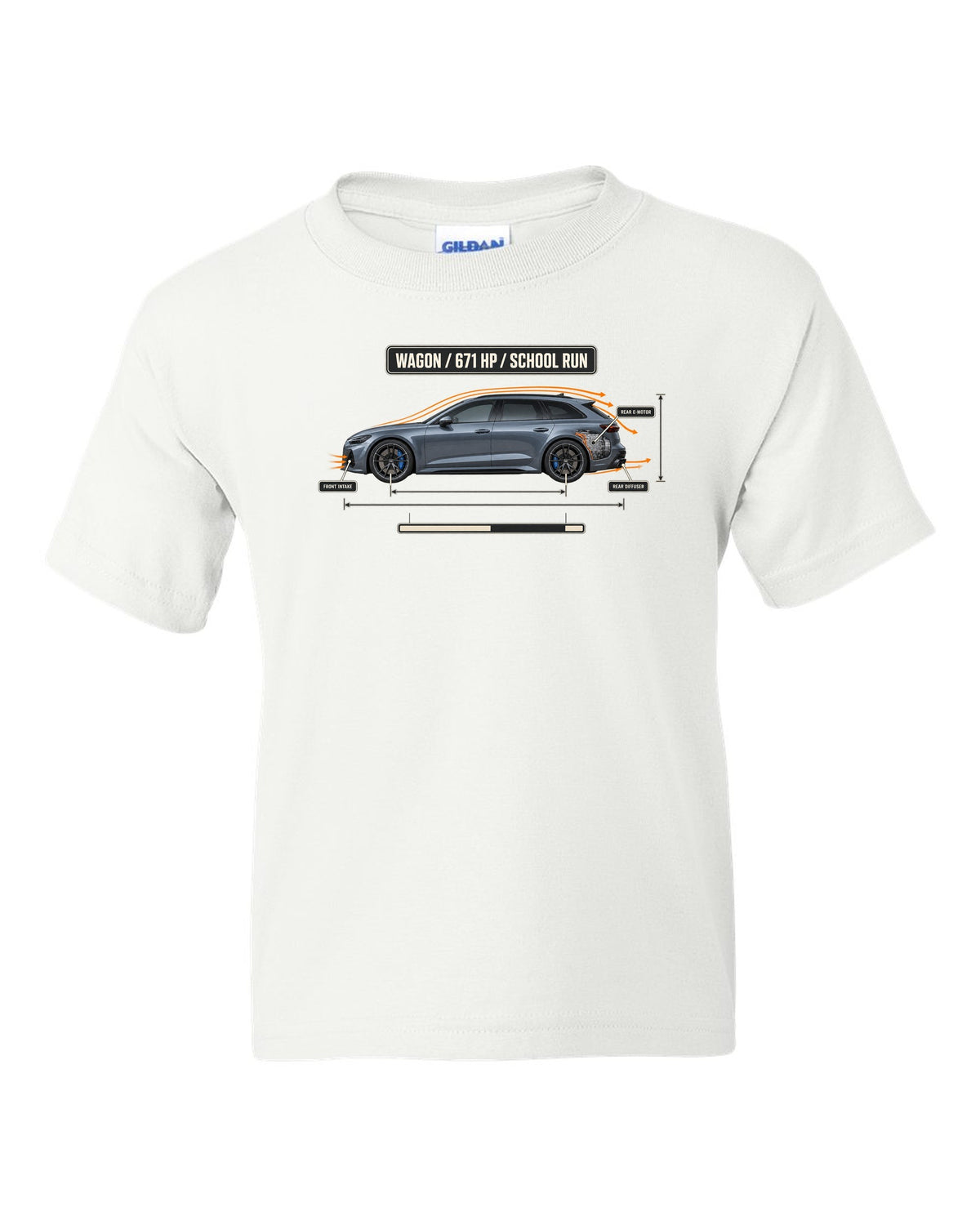 Mercedes-AMG C63 S E Performance S206 estate aero callout diagram white kids tee front view with the design