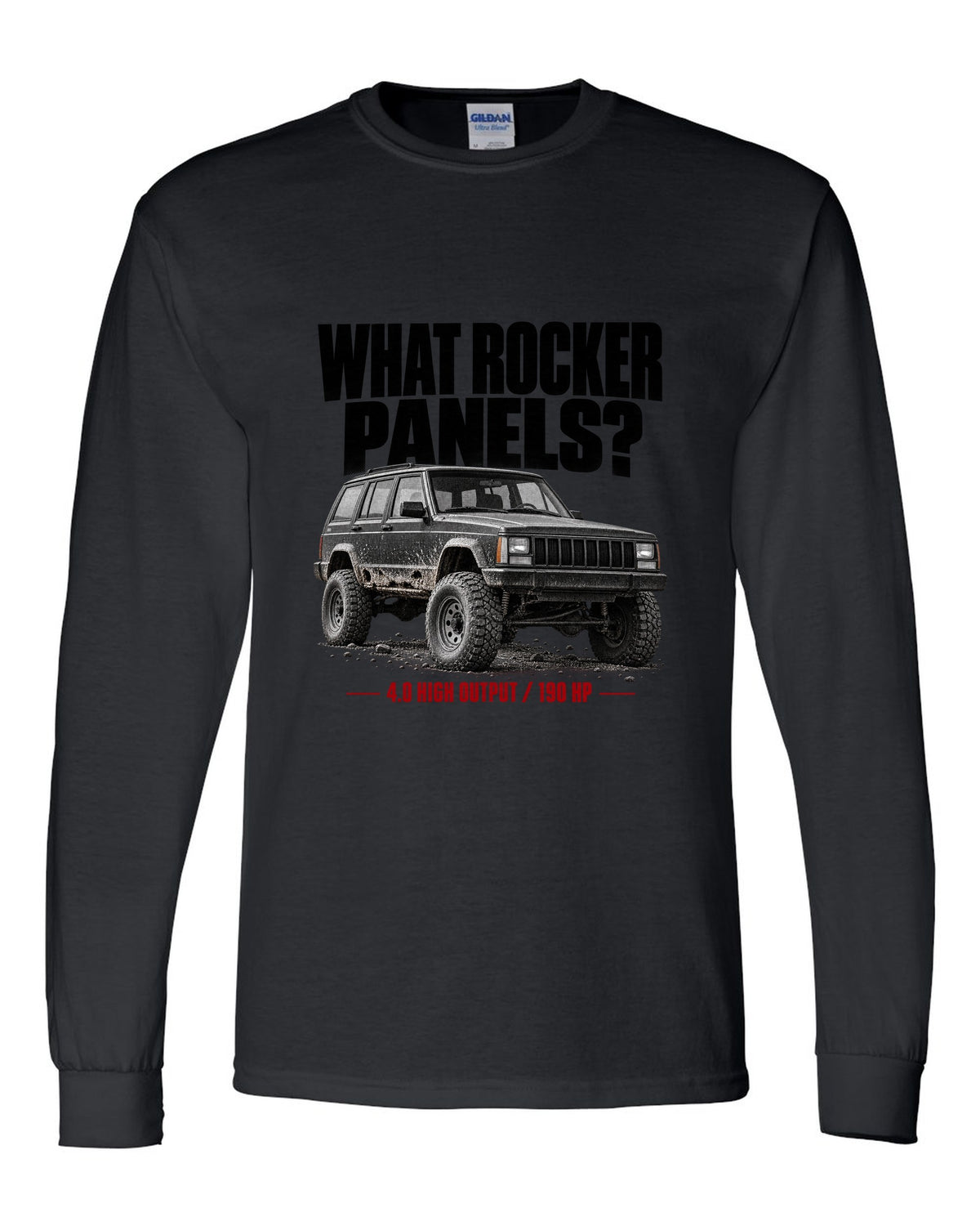 Jeep Cherokee XJ halftone print with 4.0 High Output 190 HP text black long sleeve front view with the design