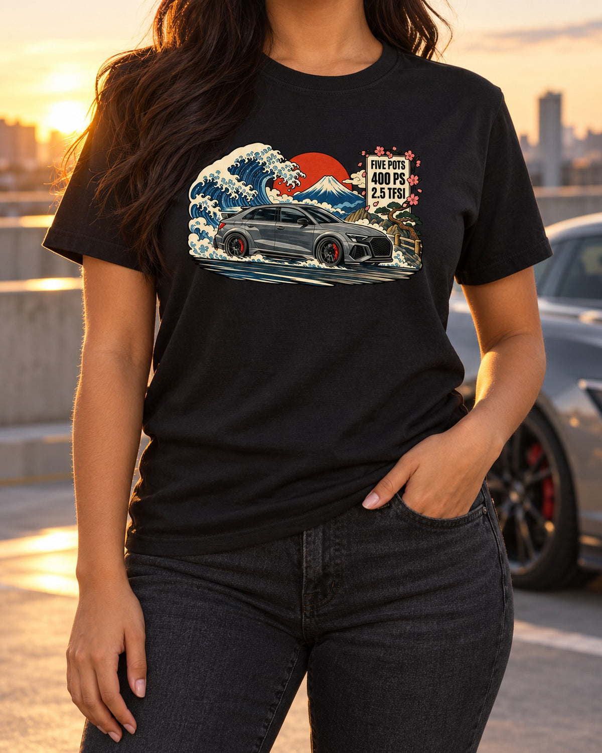 Audi RS3 8Y Ukiyo-e Woodblock Shirt, Five Cylinder Fuji T-Shirt Black worn hero