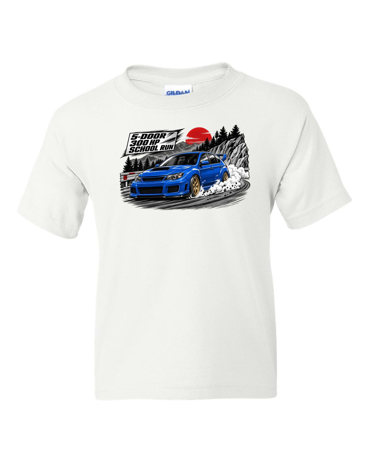 Subaru WRX STI GRB chback in a retro manga halftone panel, 5-DOOR / 300 HP / SCHOOL RUN white kids tee front view with the design