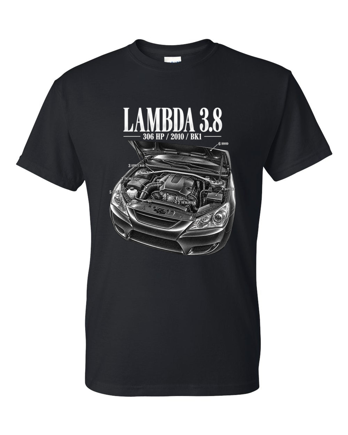 Hyundai Genesis Coupe 3.8 BK1 engine bay with numbered callouts black t-shirt front view with the design
