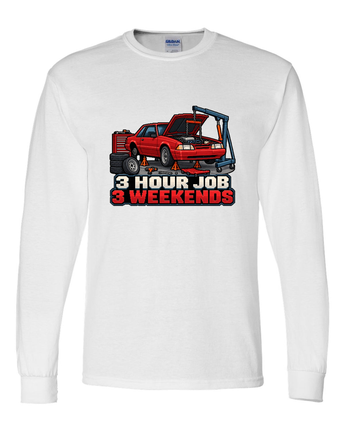 16-bit pixel art print of a 1989 Ford Mustang Fox Body notchback in a workshop white long sleeve front view with the design