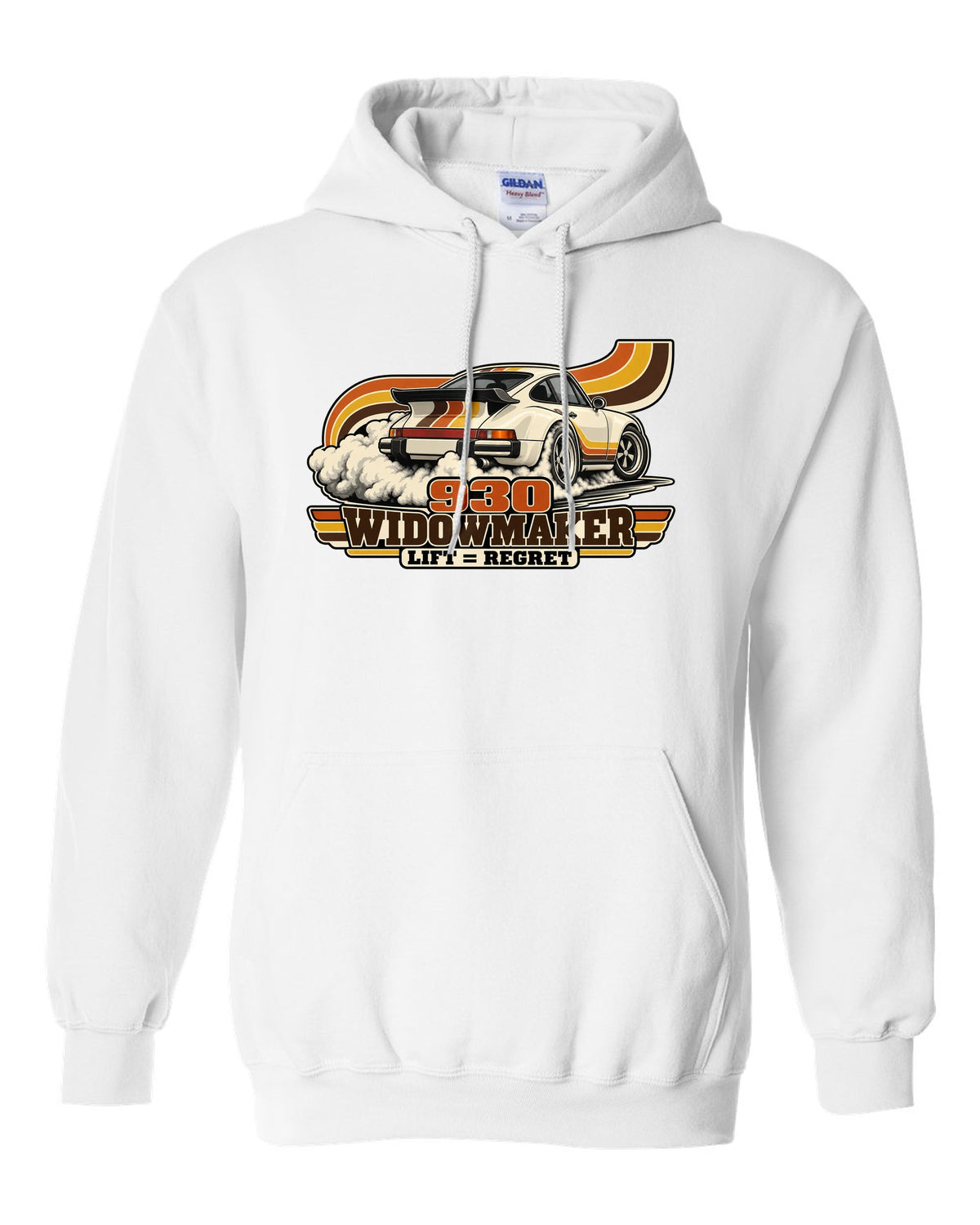 Retro 70s striped illustration of a Porsche 911 Turbo 930 with whale tail white pull over hoodie front view with the design