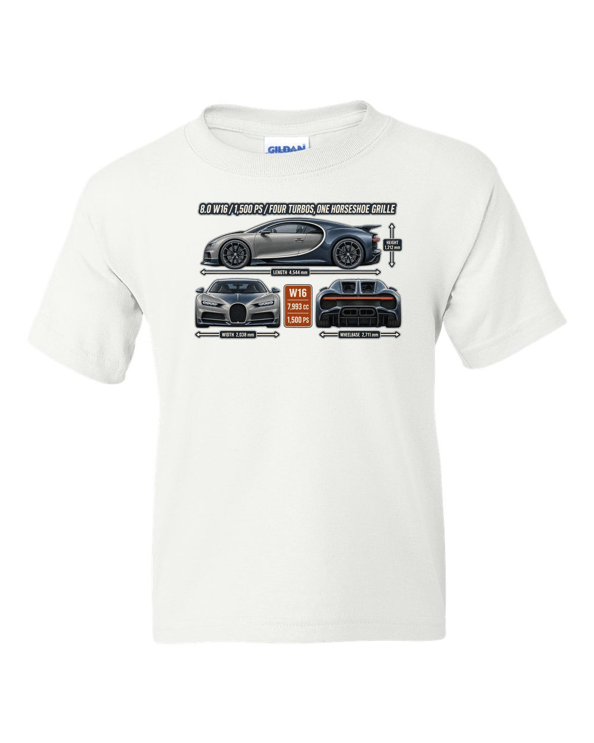 print three-view drawing with spec table of a Bugatti Chiron in slate blue white kids tee front view with the design