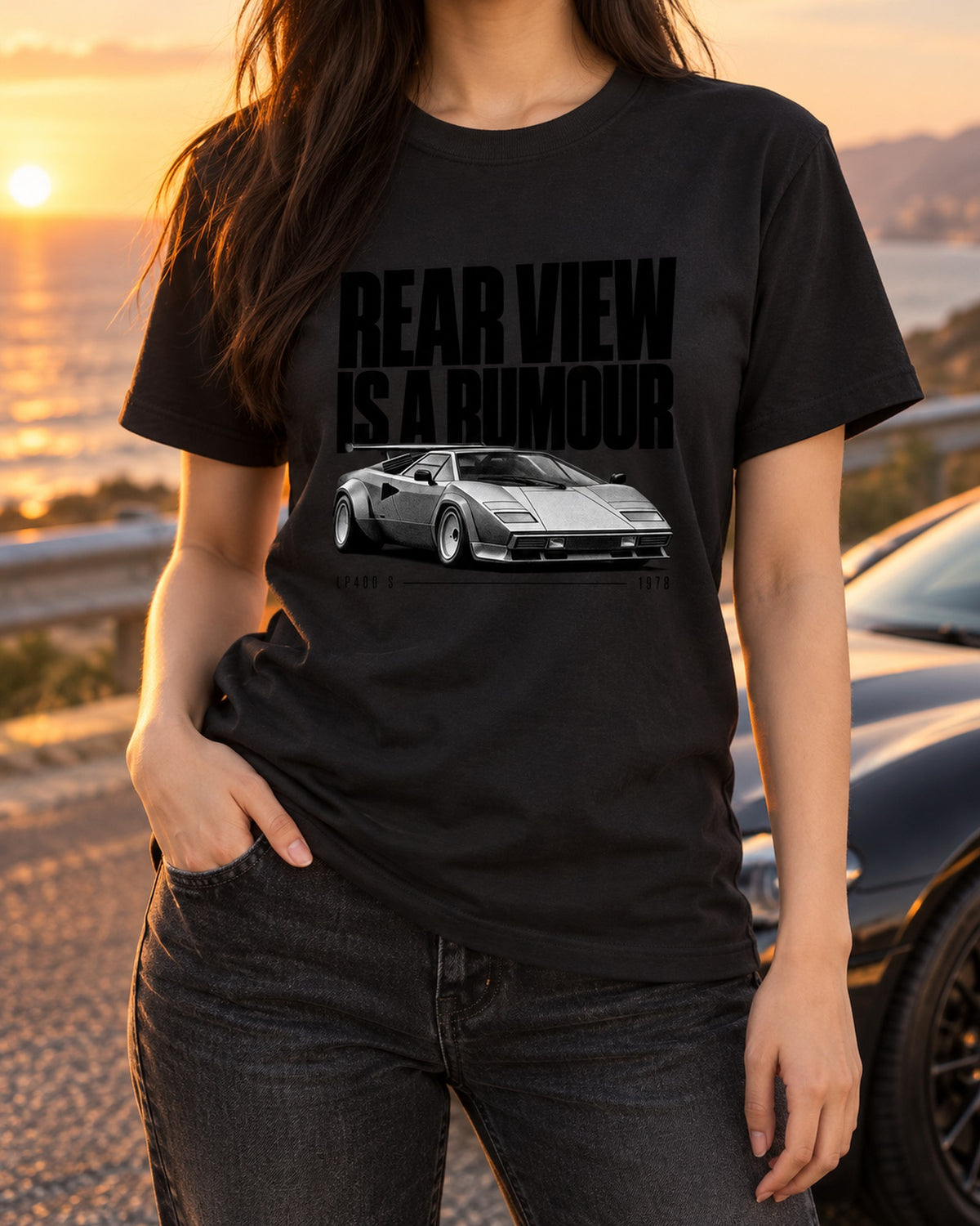 Countach LP400 S Rear View Halftone Shirt, Walter Wolf Wing T-Shirt Black worn hero