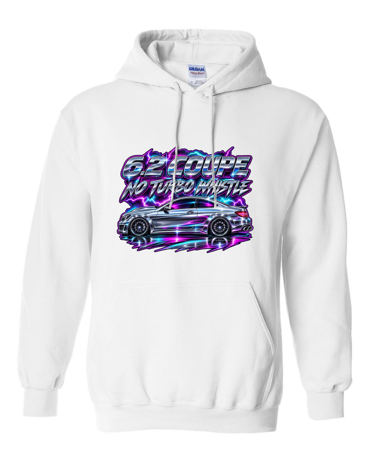 80s chrome airbrush print of a Mercedes C63 Coupe C204 white pull over hoodie front view with the design
