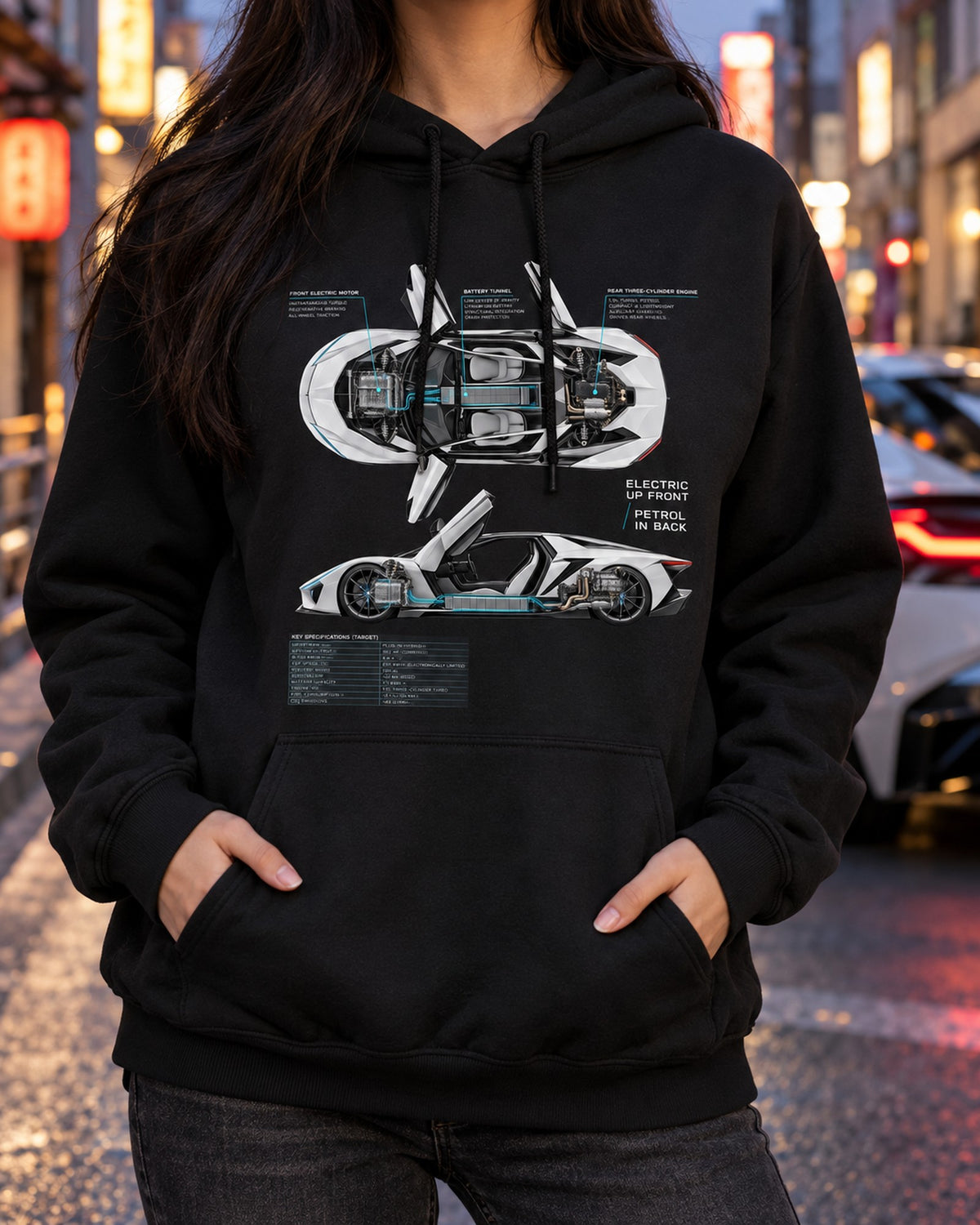 BMW i8 I12 Spec Poster Shirt, Electric Front Petrol Rear Pull Over Hoodie Black worn hero