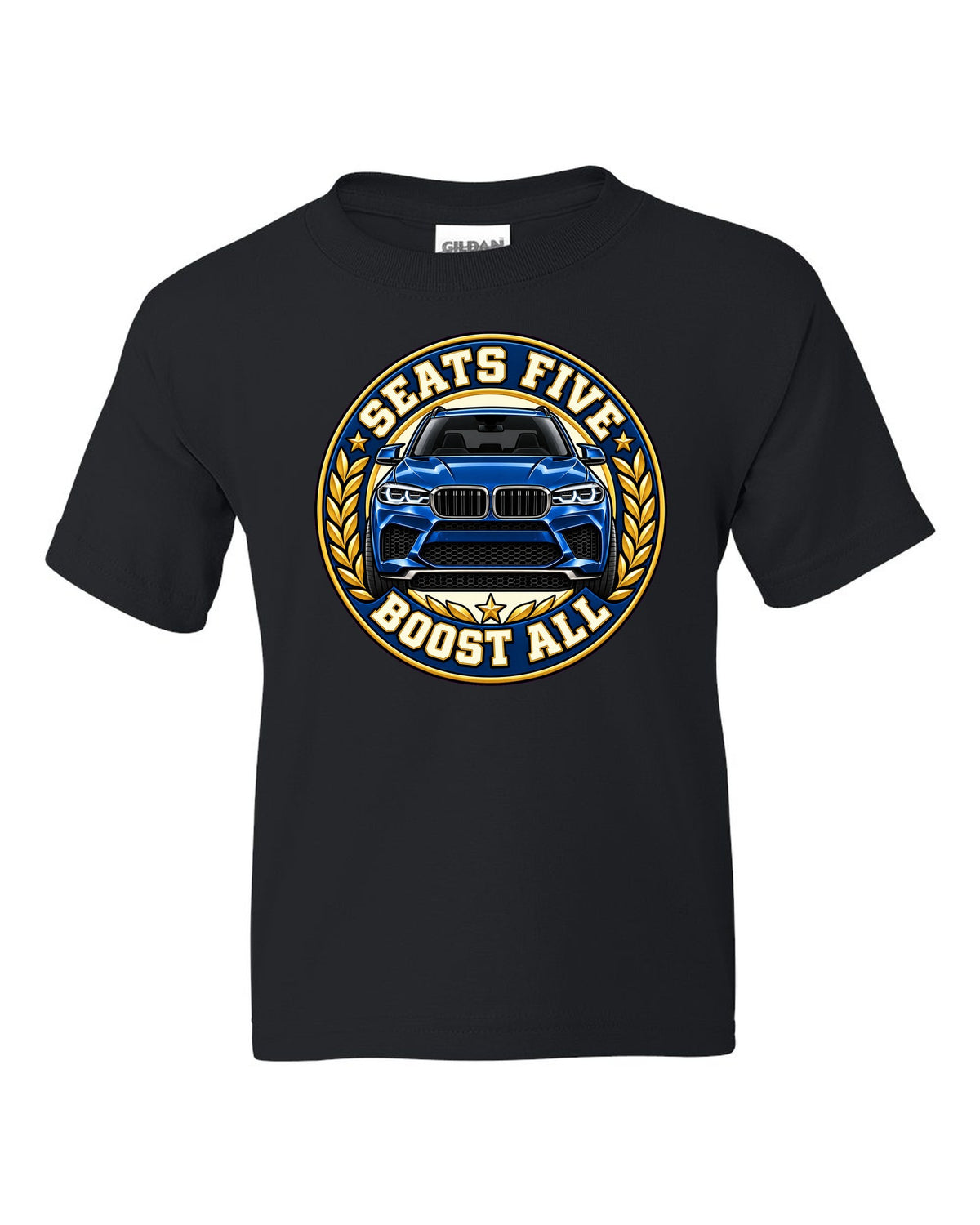 Embroidery-style varsity crest print for the BMW X5 M F85 black kids tee front view with the design