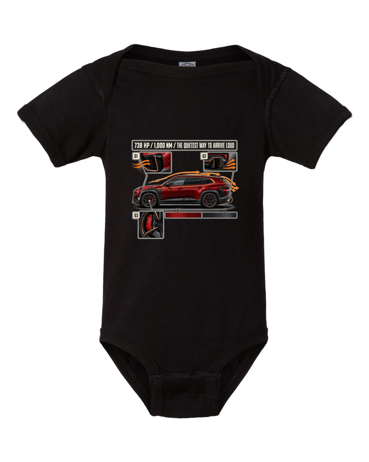 BMW XM Label Red aero cutaway callouts print on a tee black baby onesie front view with the design