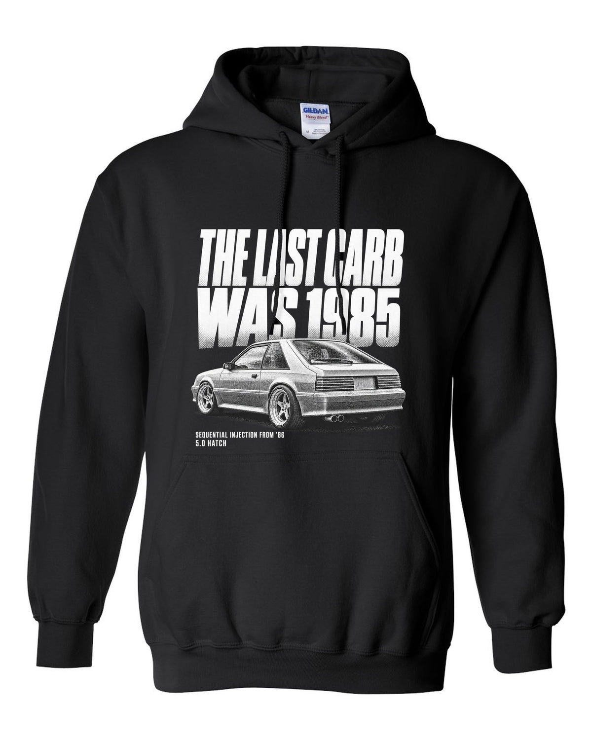 Halftone print of a 1986-89 Ford Mustang Fox Body GT chback black pull over hoodie front view with the design