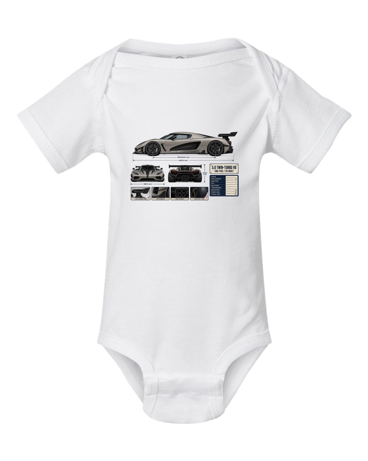 Three-view and spec table print of the Koenigsegg Agera RS with the text 5.0 twin-turbo V8, E85-fed, 25 built white baby onesie front view with the design