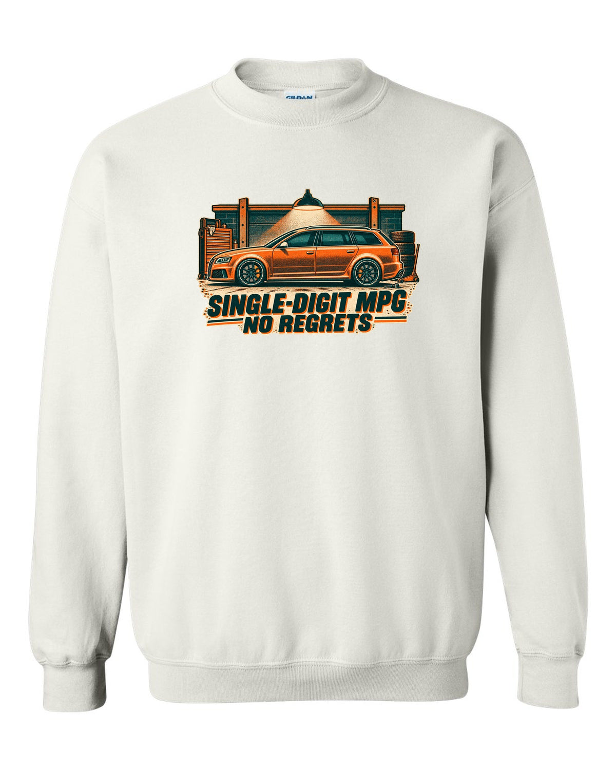 Risograph garage light design of the Audi RS6 Avant C6 4F with single-digit MPG no regrets lettering white crewneck front view with the design