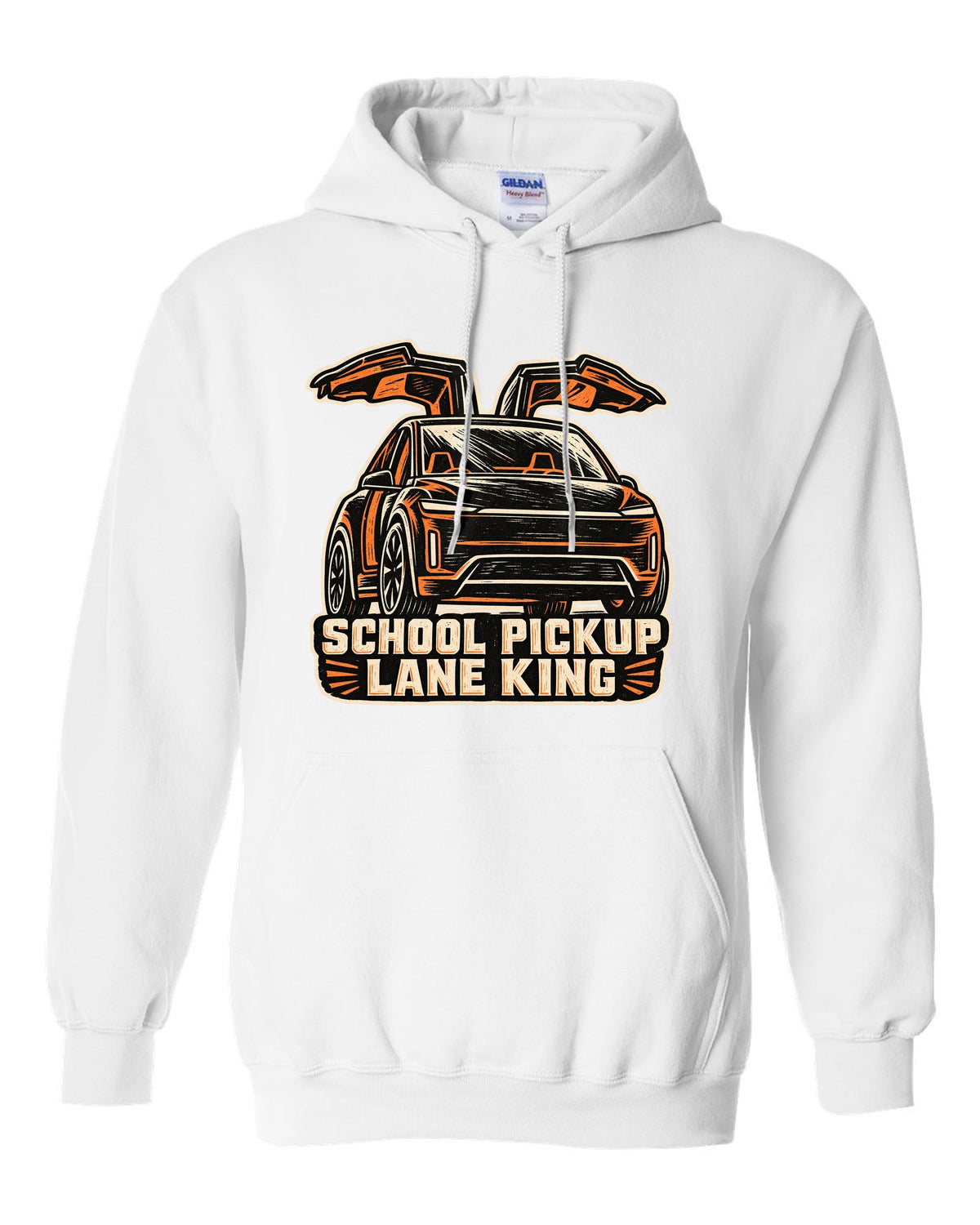Chunky linocut woodblock print of a Tesla Model X reading School Pickup Lane King white pull over hoodie front view with the design
