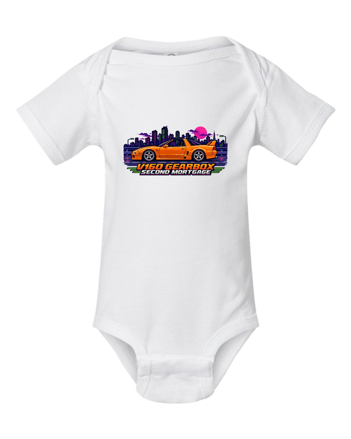 16-bit pixel art print of a Toyota Supra JZA80 with V160 gearbox second mortgage lettering white baby onesie front view with the design