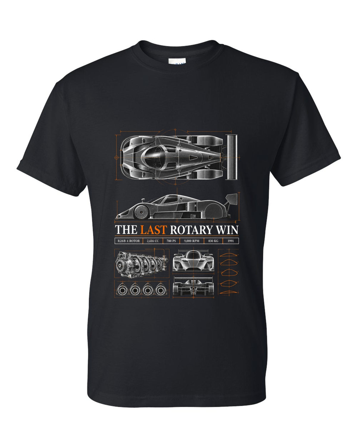 Spec poster print for the 1991 Mazda 787B with R26B four-rotor, 700 PS and 830 kg figures black t-shirt front view with the design